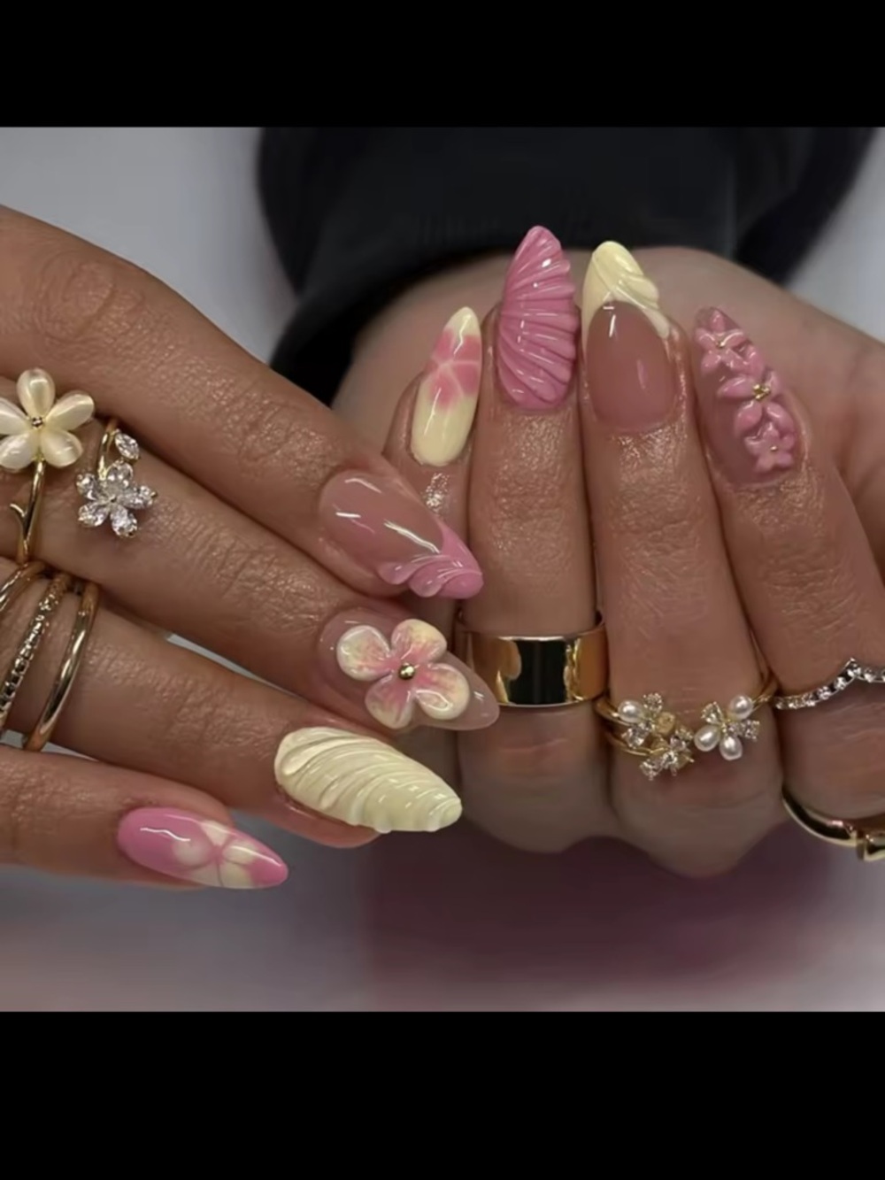 Pink & Cream Floral 3D Acrylic Nail Set - Women Makeup